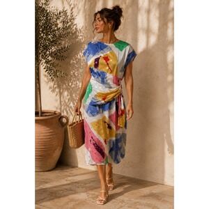 80s Vintage Young Edwardian Abstract Art Draped Midi Dress Women SMALL USA